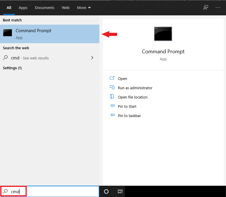 cmd on search bar windows 10